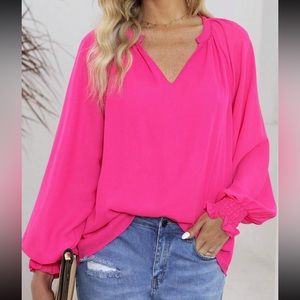 Classic Elegant Notched Neckline Lantern Sleeve Blouse Hot Pink